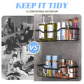 Before and after comparison of a bathroom with cluttered shelves and organized shelves.
