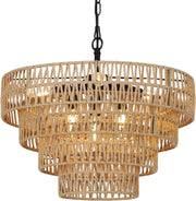 6-Light Dining Room Light Fixture, Wicker Pendant Lighting with 4-Tier Woven Lampshade, Large Farmhouse Chandeliers (20")