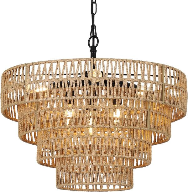 6-Light Dining Room Light Fixture, Wicker Pendant Lighting with 4-Tier Woven Lampshade, Large Farmhouse Chandeliers (20