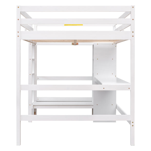 Full Size Loft Bed with Multifunction Shelves and Under-bed Desk  White