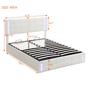 Queen Size Upholstered Bed with LED Lights Hydraulic Storage System and USB Charging Station White