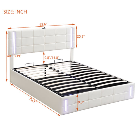 Queen Size Upholstered Bed with LED Lights Hydraulic Storage System and USB Charging Station White