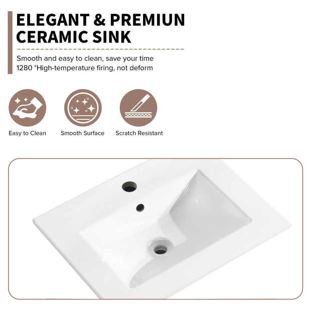 24 Inch Bathroom Ceramic Sink Basin, White