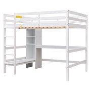 Full Size Loft Bed with Multifunction Shelves and Under-bed Desk  White