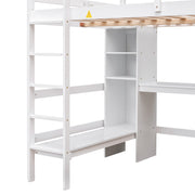 Full Size Loft Bed with Multifunction Shelves and Under-bed Desk  White