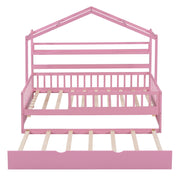 Wooden Twin Size House Bed with Trundle Kids Bed with Shelf Pink