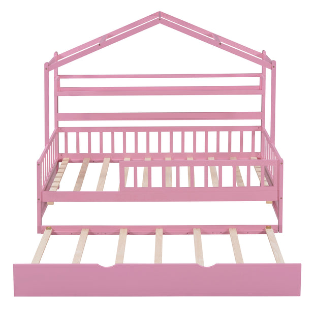 Wooden Twin Size House Bed with Trundle Kids Bed with Shelf Pink