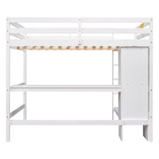 Full Size Loft Bed with Multifunction Shelves and Under-bed Desk  White