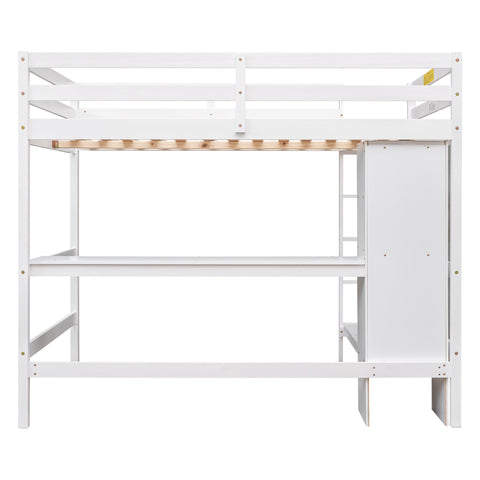 Full Size Loft Bed with Multifunction Shelves and Under-bed Desk  White