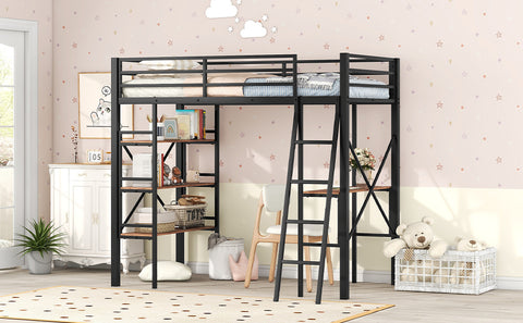 Twin Size Metal Loft Bed with Shelves and Desk, Black