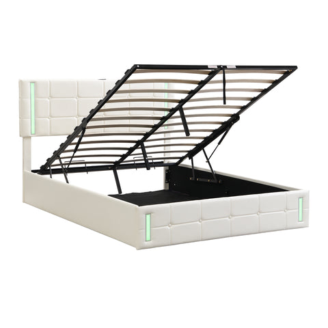 Queen Size Upholstered Bed with LED Lights Hydraulic Storage System and USB Charging Station White