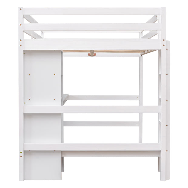 Full Size Loft Bed with Multifunction Shelves and Under-bed Desk  White