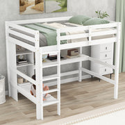 Full Size Loft Bed with Multifunction Shelves and Under-bed Desk  White