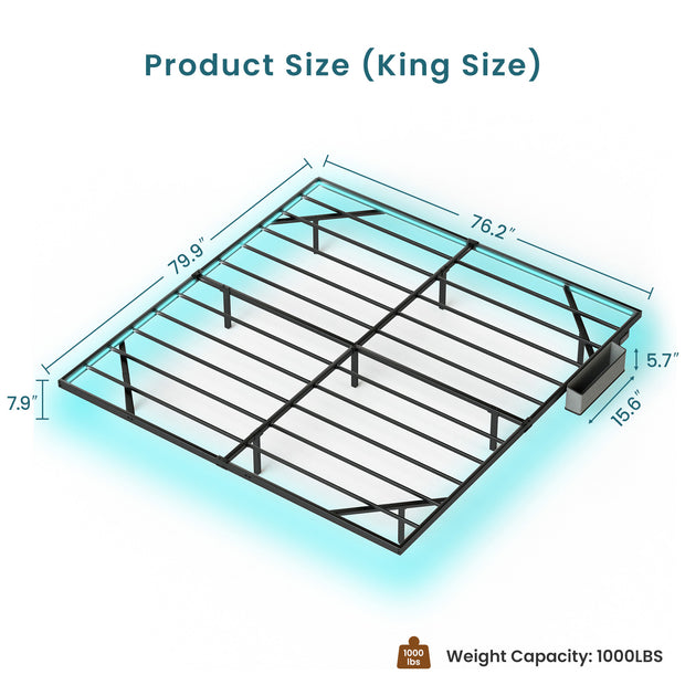 Floating Bed Frame King Size with LED Lights ＆ charging station, Metal Platform Queen Bed, 79.9'' L x 76.2'' W x 7.9'' H.