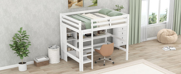 Full Size Loft Bed with Multifunction Shelves and Under-bed Desk  White