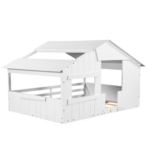 Wood Full Size House Bed with Roof, Window and Guardrail White