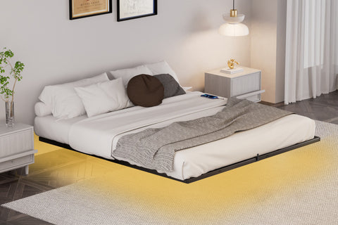 Floating Bed Frame King Size with LED Lights ＆ charging station, Metal Platform Queen Bed, 79.9'' L x 76.2'' W x 7.9'' H.