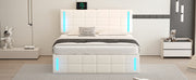 Queen Size Upholstered Bed with LED Lights Hydraulic Storage System and USB Charging Station White