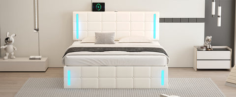 Queen Size Upholstered Bed with LED Lights Hydraulic Storage System and USB Charging Station White