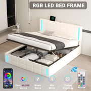 Queen Size Upholstered Bed with LED Lights Hydraulic Storage System and USB Charging Station White