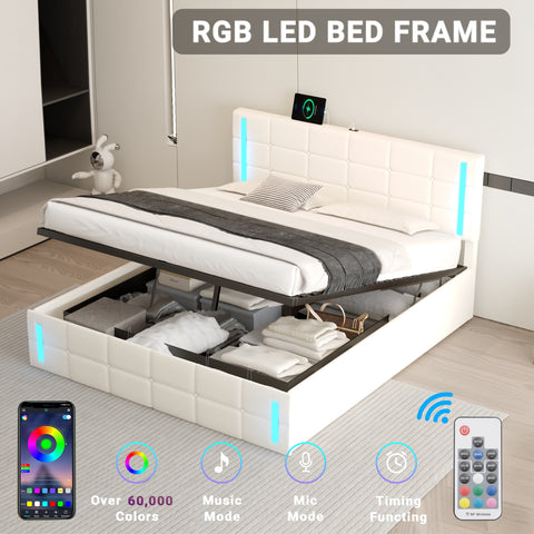 Queen Size Upholstered Bed with LED Lights Hydraulic Storage System and USB Charging Station White