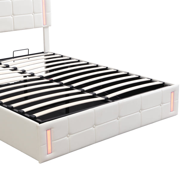 Queen Size Upholstered Bed with LED Lights Hydraulic Storage System and USB Charging Station White