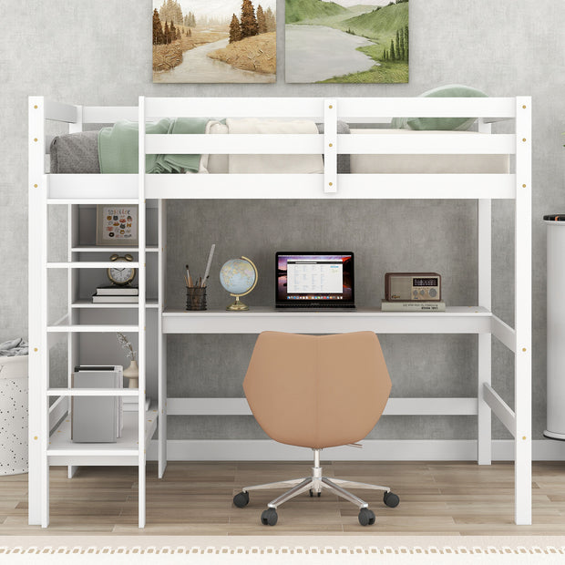 Full Size Loft Bed with Multifunction Shelves and Under-bed Desk  White