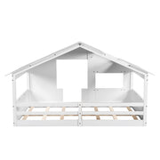 Wood Full Size House Bed with Roof, Window and Guardrail White