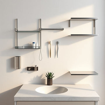 Modern bathroom setup with shelves filled with some bathroom accessories, toothbrush, sink, and decorative elements on a light gray wall.