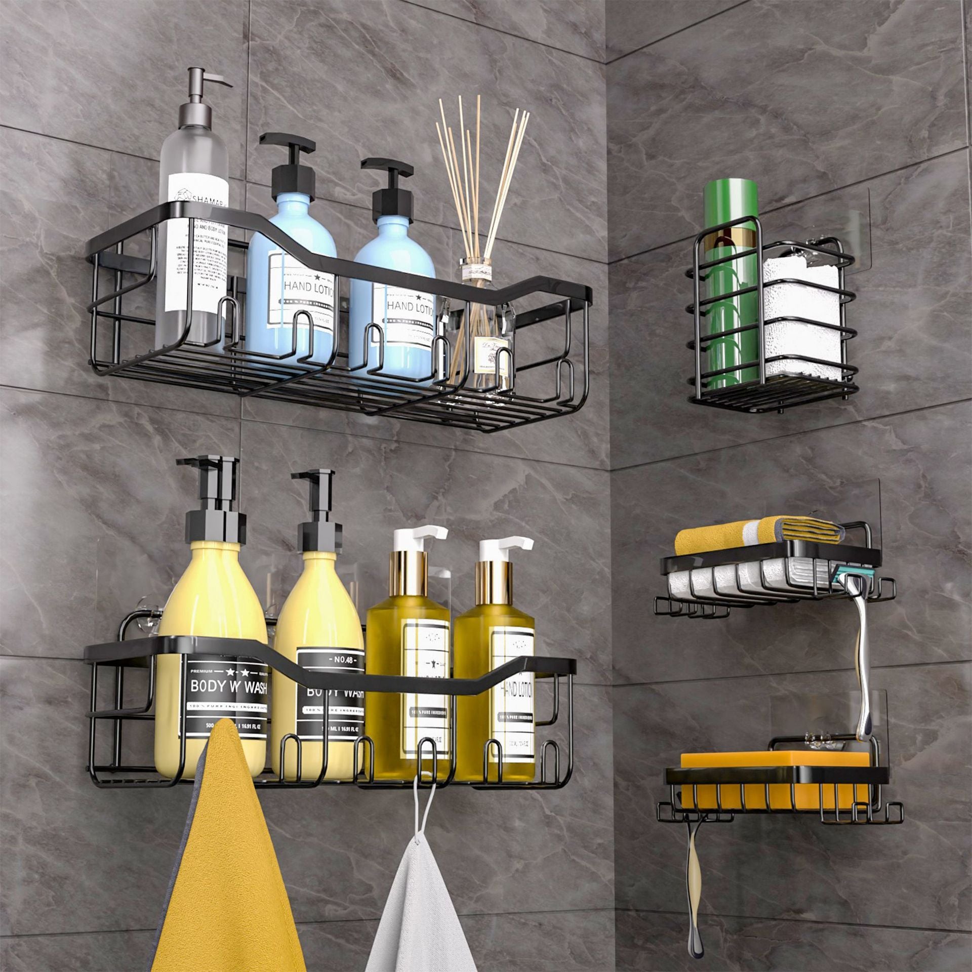 Bathroom shelves with various bathroom items on a gray tiled wall