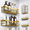 Gold bathroom shelves with toiletries against a tiled wall
