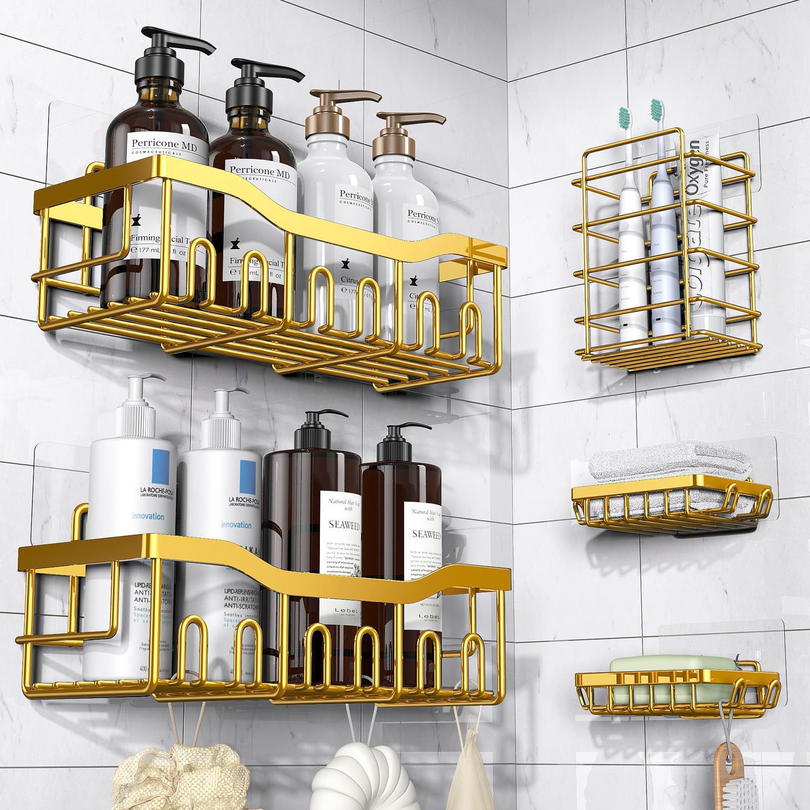 Gold bathroom shelves with toiletries against a tiled wall